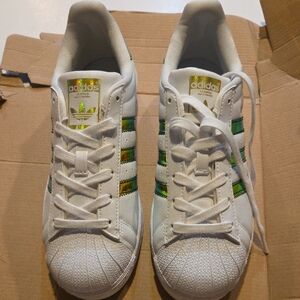 Adidas White Sneakers with Green and Gold Accents